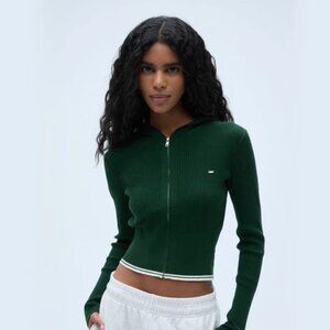 NWT Adanola Rib Knit Contrast Hoodie // Forest Green/Marshmallow White // XS